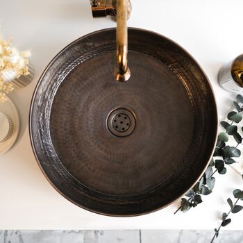 Hand Engraved Dark Copper Vessel Sink For Kitchen And Bathroom, 400 Mm Diameter, 5 of 6