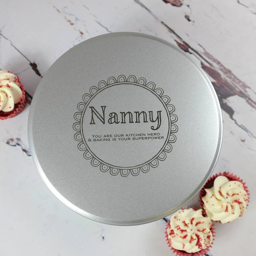 personalised cake tin by auntie mims