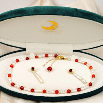 Red Agate And Lute Pearl Earrings, 2 of 4