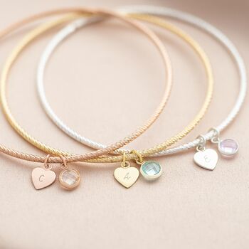 Sterling Silver Heart Charm And Birthstone Twist Bangle, 4 of 12