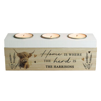 Personalised Highland Cow Triple Tea Light Holder Box, 5 of 6