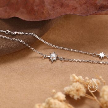 Sterling Silver Starburst Two Layer Bracelet With Star Motif, 2 of 12