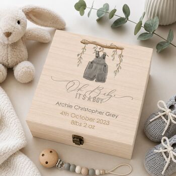 Personalised Baby Boy Dungarees Keepsake Box, 3 of 4