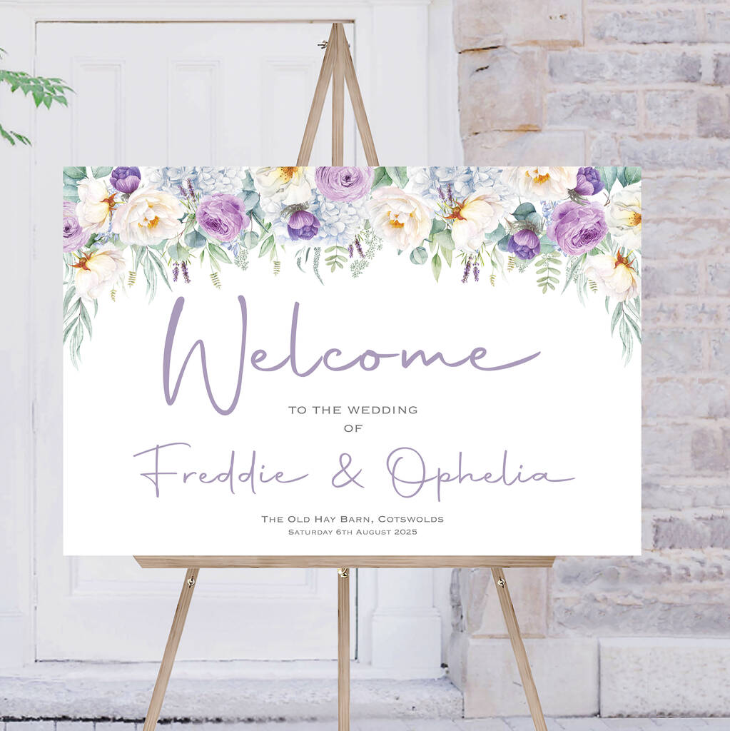 Wedding Welcome Sign Purple And White Florals By Ottie Design