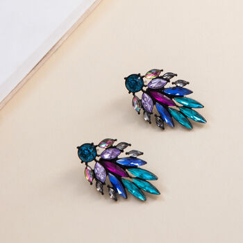 Peacock Colour Crystal Leaf Drop Earrings, 4 of 5