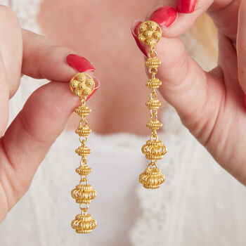 Gold Filigree Stud Long Drop Earrings. Gold Vermeil, 6 of 7