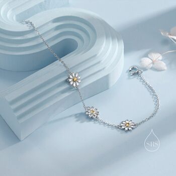Sterling Silver Daisy Flower Trio Bracelet, 2 of 11