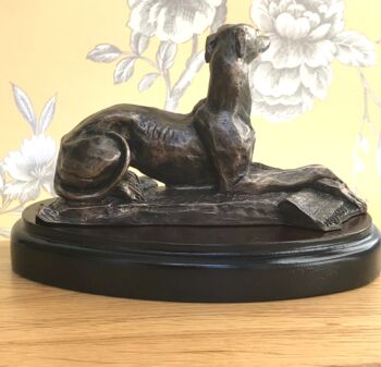 Bronze Laying Greyhound Figurine On Wooden Base, 2 of 5
