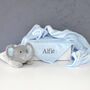 Personalised White Baby Gown, Elephant And Blanket Blue, thumbnail 3 of 9