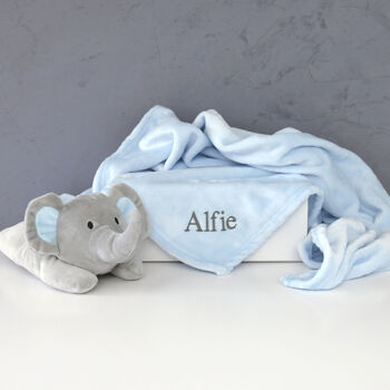 Personalised White Baby Gown, Elephant And Blanket Blue, 3 of 9