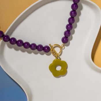 Aubergine Beads And Olive Flower Toggle Necklace, 2 of 5