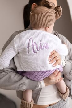 Spring Baby Name White Embroidered Personalised Cardigan, Perfect Baby Shower Or New Baby Gift, 5 of 12
