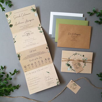 Kraft Eucalyptus Wreath Wedding Invitations Sample, 2 of 9