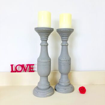 Pair Of Extra Large Vintage Painted Pillar Candlesticks, 2 of 6