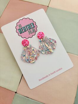 Statement Shell Glitter Resin Earrings / Mermaidcore Jewellery / Beach Holiday Statement / Summer Vacation Jewellery, 2 of 12