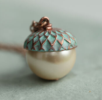 Verdigris Pearl Acorn Necklace, 4 of 11