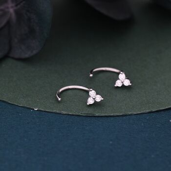 Sterling Silver Three Cz Trinity Threader Hoop Earrings, 4 of 11