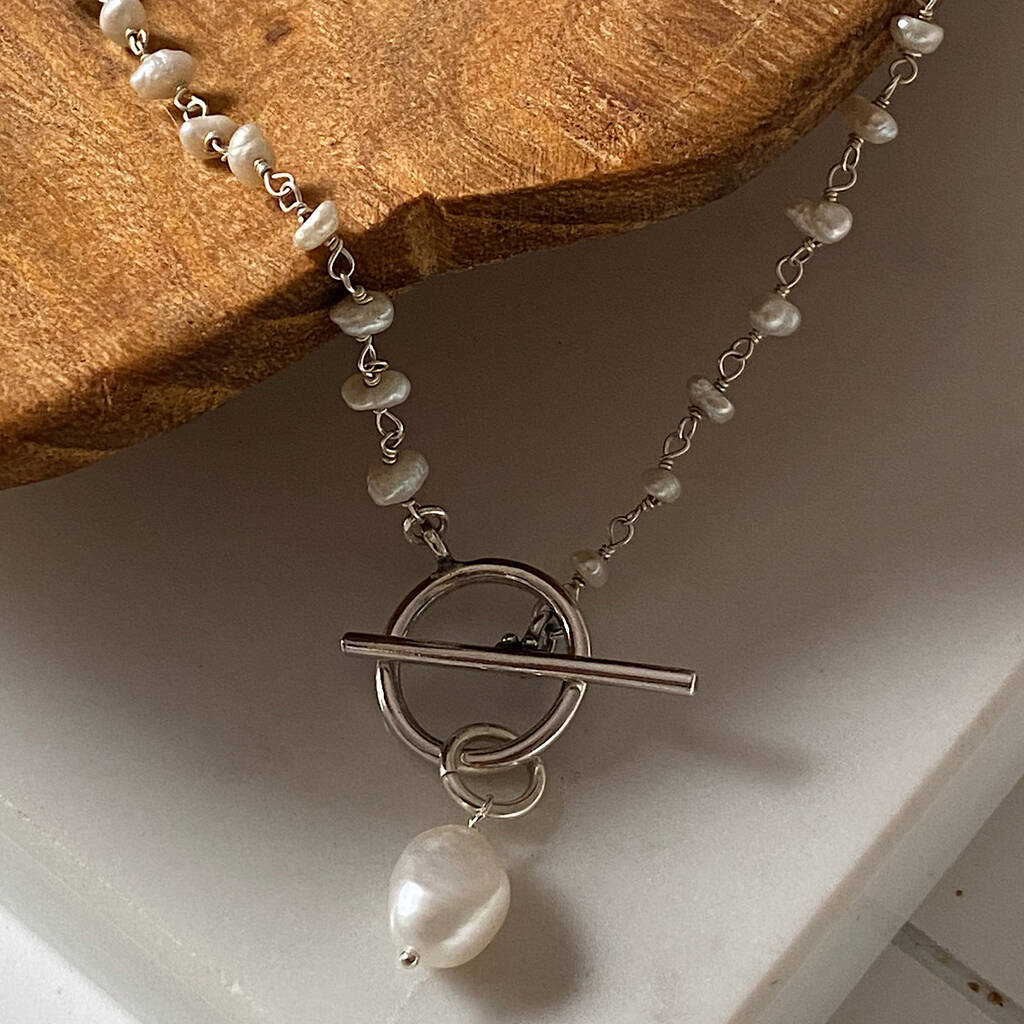 Sterling Silver And Pearl T Bar Necklace By Clover and Swift