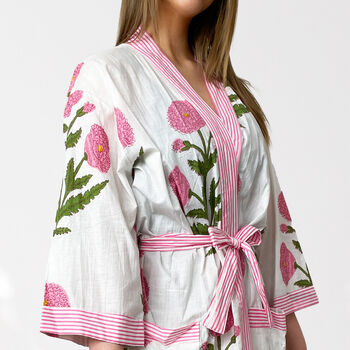 White And Pink Flower Print Cotton Dressing Gown Kimono, 5 of 10