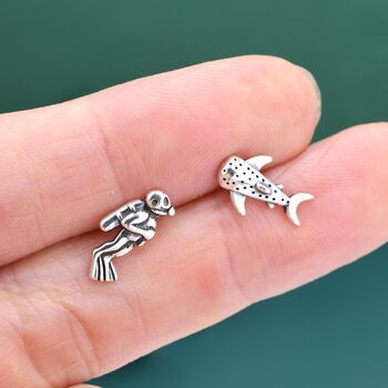 Mismatched Scuba Diver And Whale Shark Stud Earrings In Sterling Silver, 6 of 12