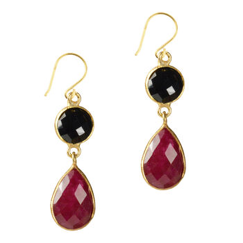 Gem Double Drop Earrings Ruby Chalcedony And Black Onyx, 2 of 3