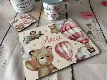Kids Personalised Pink Teddy Bear Placemat, Coaster And Mug Dinner Set, 3 of 7