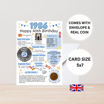 40th Birthday Card With 1986 Coin And Envelope Choose Your Colour, 2 of 3