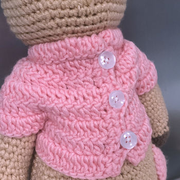 Hand Knitted Brown Lamb Bear With Personalised Ribbon, 4 of 7