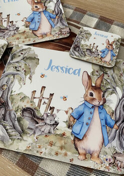 Kids Personalised Little Bunny Placemat, Coaster And Mug Dinner Set, 9 of 11