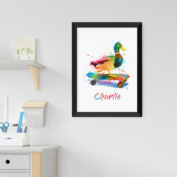 Personalised Watercolour Duck Skateboarding Print, 11 of 12