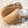 Dotty Fish Tan Soft Suede Baby And Toddler Slippers With Fleece Lining, thumbnail 1 of 9