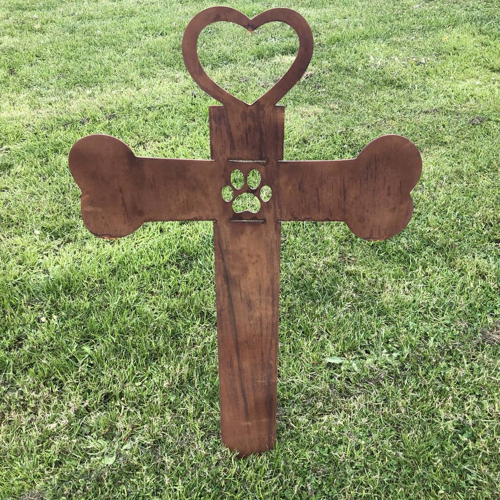 Rusty Metal Dog Memorial Cross Grave Headstone By RW NORFOLK