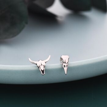 Mismatched Sterling Silver Bird Skull And Bull Skull Stud Earrings, 5 of 11