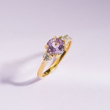 Lavender Amethyst Three Stone Ring In Silver And Gold Vermeil, 10 of 11