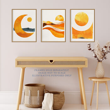 Set Three Wall Art Prints A4 Sun And Moon Amber Gold Modern, 3 of 7