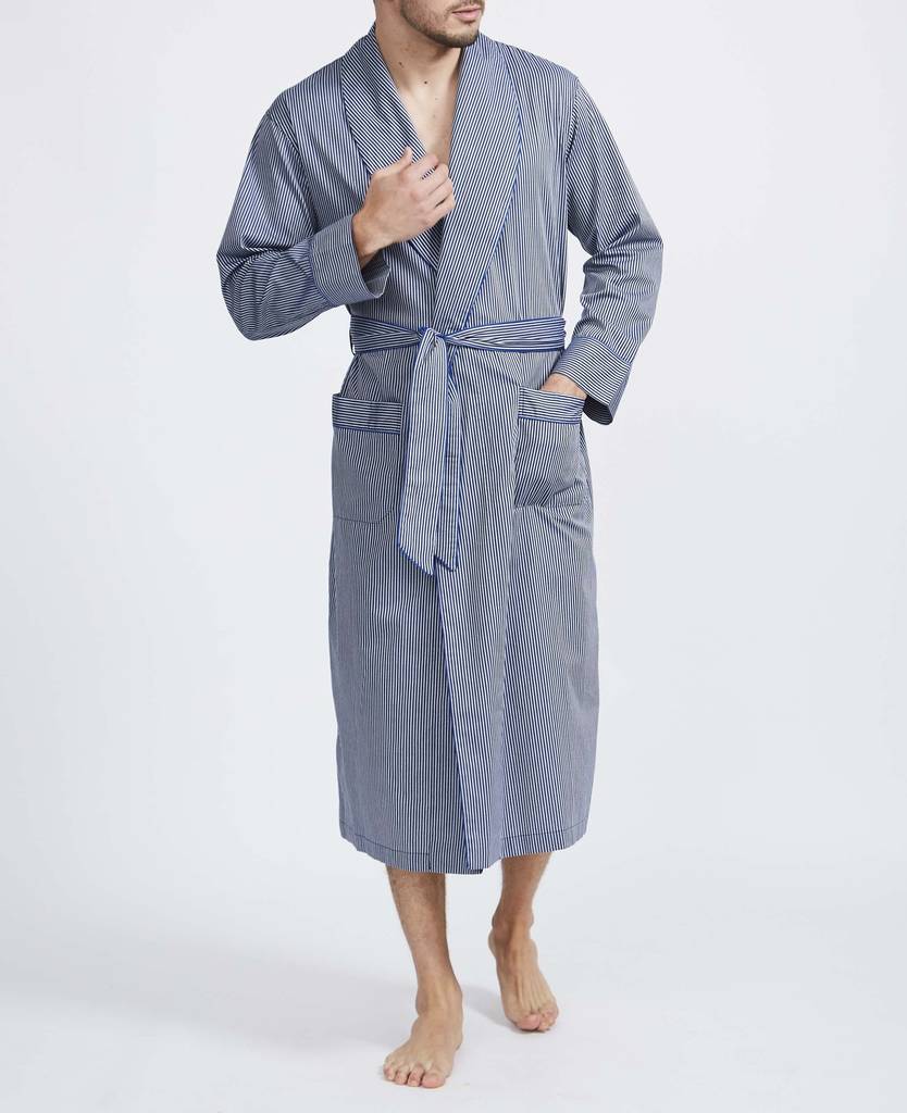 Men's Navy And Silver Minster Stripe Cotton Robe By BRITISH BOXERS ...