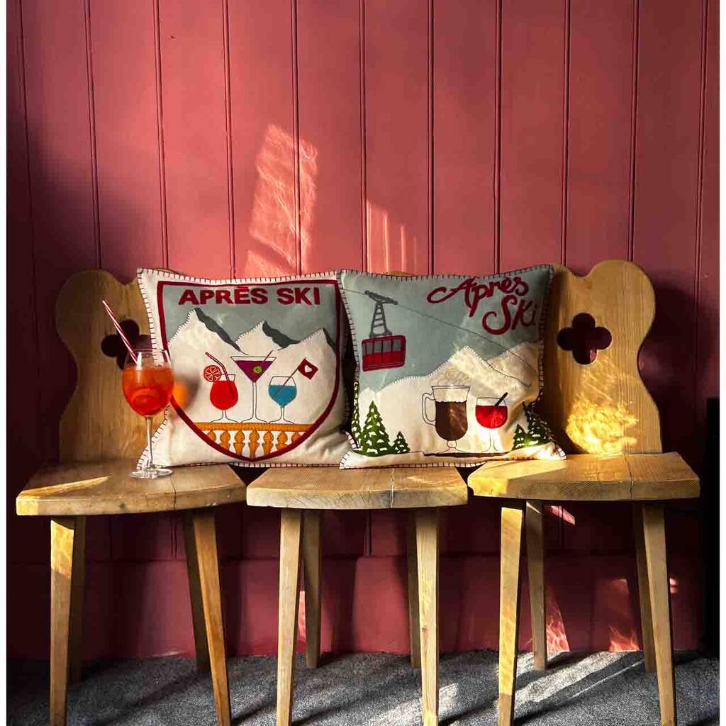 Embroidered Après Ski Cocktails Cushion, 1 of 2