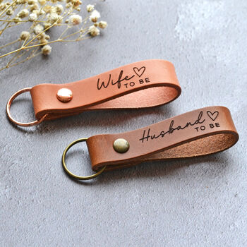 Personalised Leather Mr And Mrs Keyrings Wedding Gift Set For Couple, 3 of 7