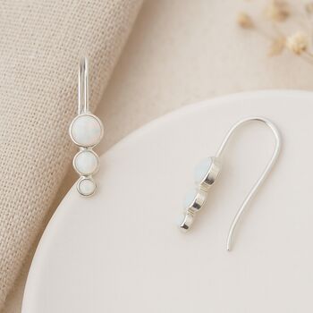 Sterling Silver White Opal Trio Drop Earrings: October Birthstone – 11mm X 5mm, 2 of 4