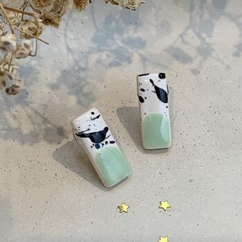 Mint Green Ceramic Bar Stud Earrings Abstract Splatter Minimalist Studs, 6 of 8