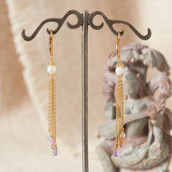 Pearl Sapphire Gold And Silver Dangly Chain Earrings, 5 of 8