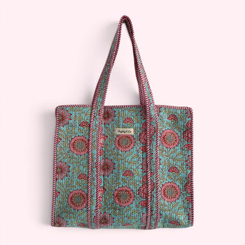 Blue And Pink Block Print Floral Quilted Cotton Tote Bag, 5 of 5