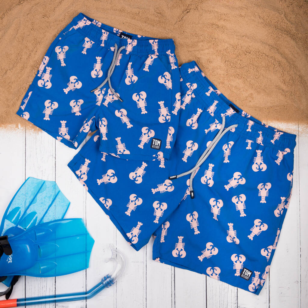 Image of Father And Son Matching Blue Lobster Swim Shorts