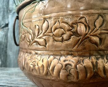A Floral Embossed Vintage Style Copper Planter With Brass Ring Handles, 9 of 11