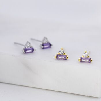 Lilac Purple Baguette And Round Cz Stud Earrings, 5 of 12