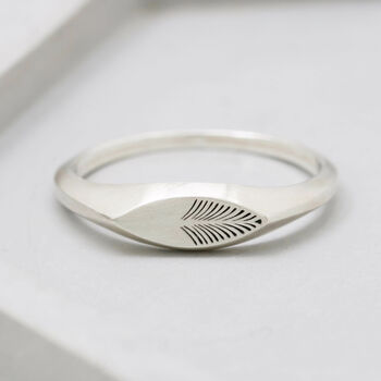 Engraved Sterling Silver Oval Signet Ring Deco Feather, 4 of 6