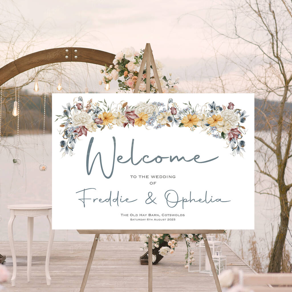 Wedding Welcome Sign Burgundy Blue White Florals By Ottie Design