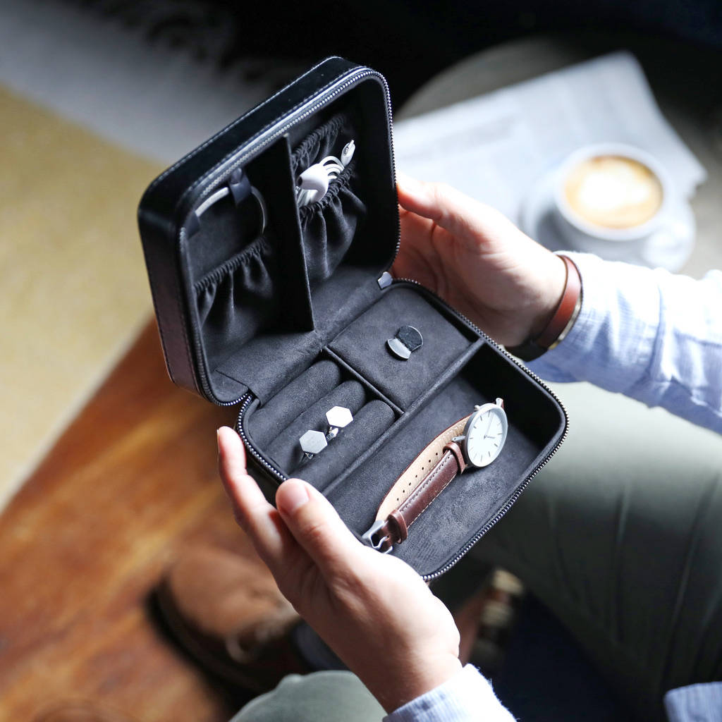Men's Personalised Black Travel Jewellery Box By Lisa Angel
