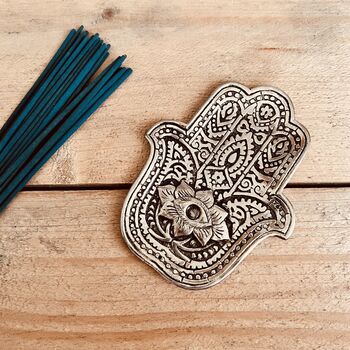 Silver Hamsa Hand Metal Incense Stick And Cone Holder, 3 of 6