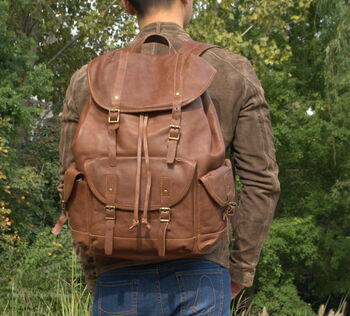Military Style Genuine Leather Backpack In Brown, 8 of 12